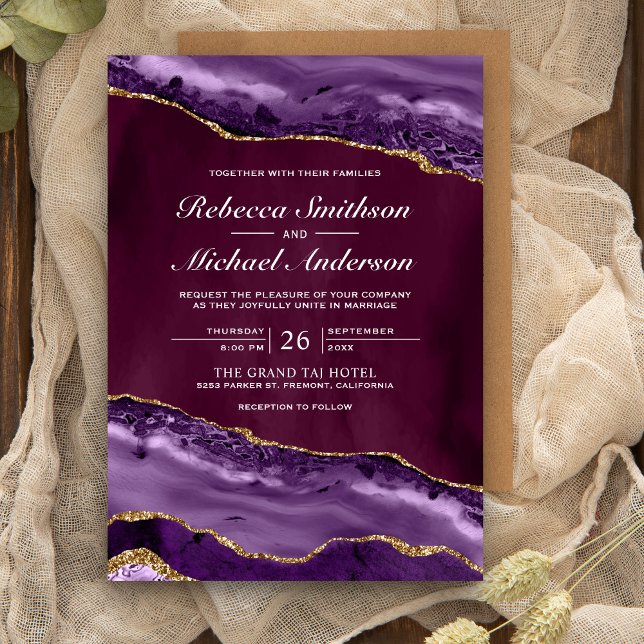 Convites Mármore de Ágata Roxo, Violeta e Dourado Casamento (Criador carregado)