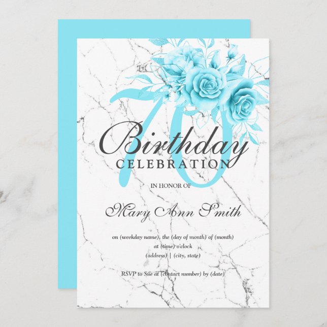 Convites Mármore de Festa de aniversário Floral Teal (Frente/Verso)