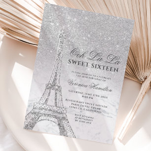 Convites Mármore de glitter prateado em torre Eiffel Sweet