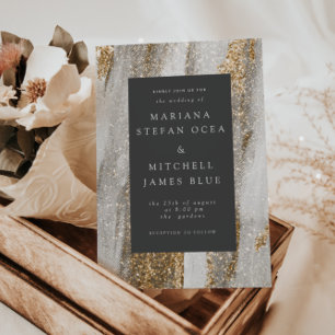Convites Mármore de Luxo Dourado Traços branco e cinza