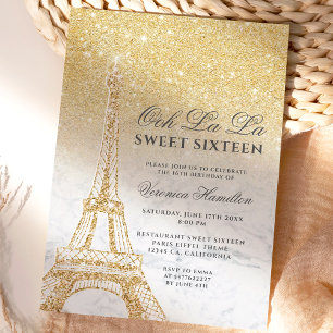 Convites Mármore de ouro glitter em torre Eiffel Sweet 16