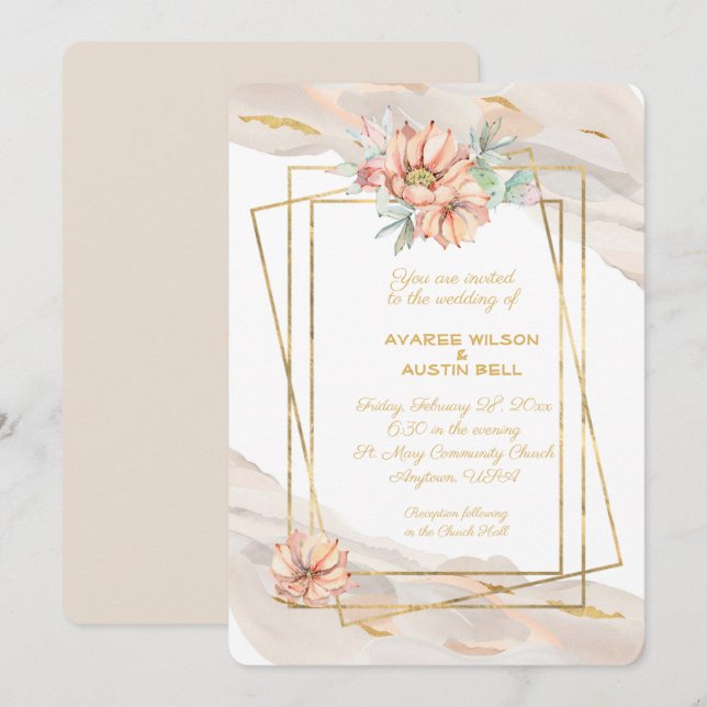 Convites Mármore de pêssego com faíscas Douradas e cacto de (Frente/Verso)
