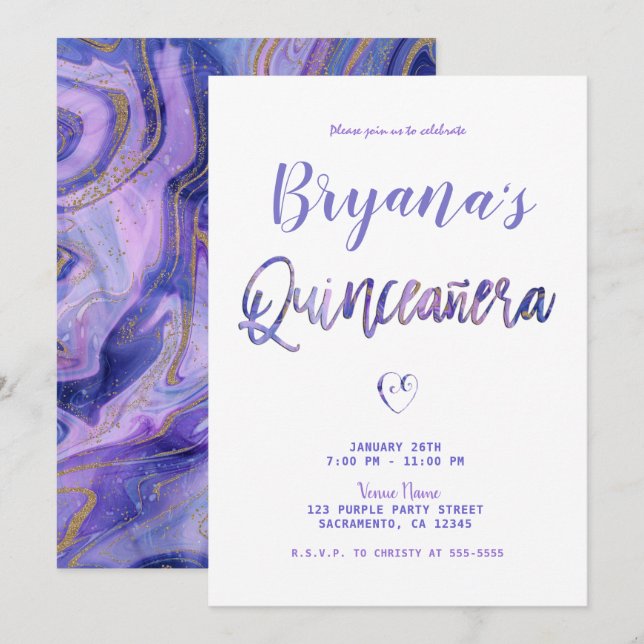 Convites Mármore Dourado Branco Roxo Chic Glam 15 Quinceañe (Frente/Verso)