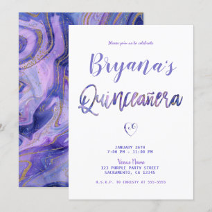 Convites Mármore Dourado Branco Roxo Chic Glam 15 Quinceañe