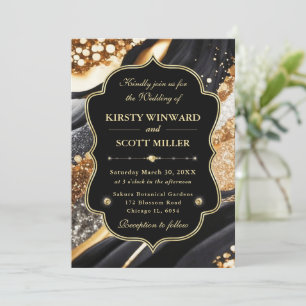 Convites Mármore Dourado Preto Glitter Casamento Elegante