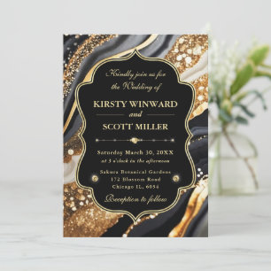 Convites Mármore Dourado Preto Glitter Casamento Elegante