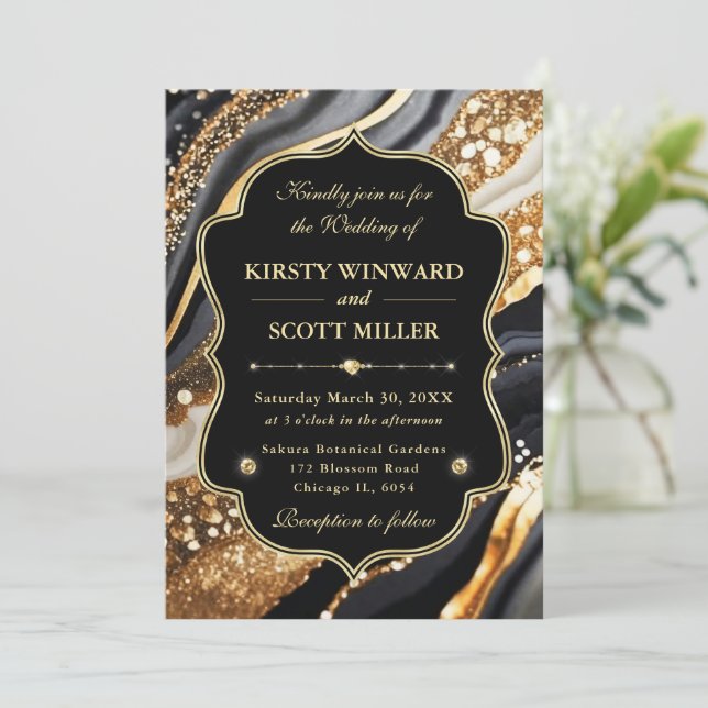 Convites Mármore Dourado Preto Glitter Casamento Elegante (Em pé/Frente)