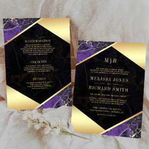 Convites Mármore Dourado Roxo Monograma Tudo em Um Casament