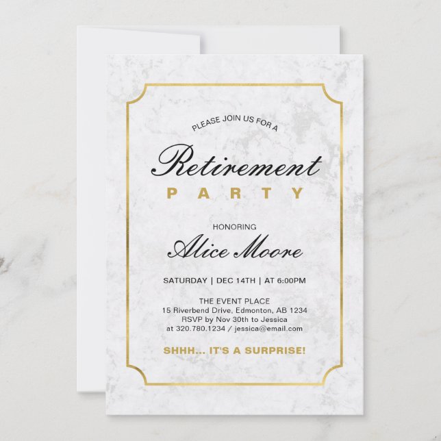 Convites Mármore e Ouro Elegantes | Festa de Aposentadoria  (Frente)