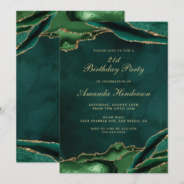 Convites Mármore Esmeralda Verde e Ágata Dourada (Frente/Verso)