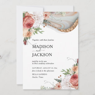 Convites Mármore Floral de Luxo Brilho Dourado