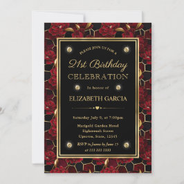 Convites Mármore Floral Vermelho Preto e Dourado Aniversári