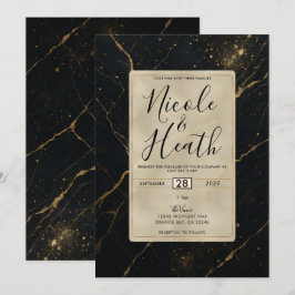 Convites Mármore Meia-Noite Dourado Casamento Preto & Ouro 