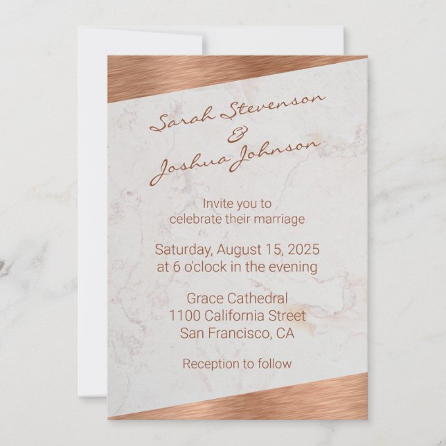 Convites Mármore Moderno Cobre Caligrafia Geométrico Casame (Frente)