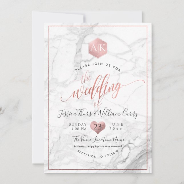 Convites Mármore PixDezines+Monograma+Faux RoseGold Honeyco (Frente)