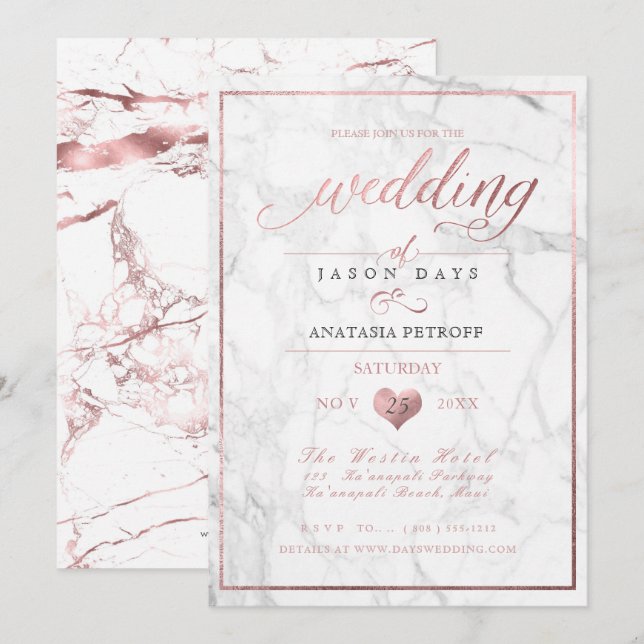 Convites Mármore PixDezines/Rosa de Faux Dourado/Casamento (Frente/Verso)