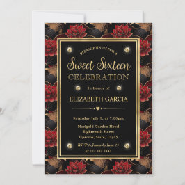 Convites Mármore Preto e Dourado Floral Sweet Sixteen