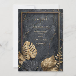 Convites Mármore Preto Monstera Tropical Moderno Casamento