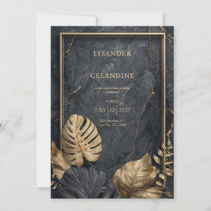 Convites Mármore Preto Monstera Tropical Moderno Casamento 