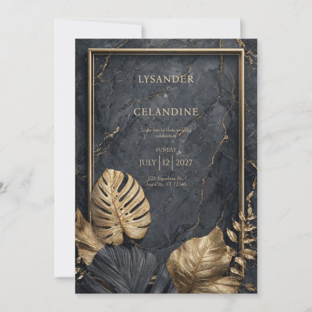 Convites Mármore Preto Monstera Tropical Moderno Casamento  (Frente)