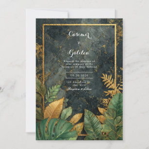 Convites Mármore Preto Tropical Verde Esmeralda Casamento M