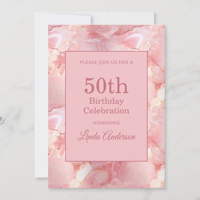 Convites Mármore Rosa Claro Aniversário de 50 anos (Frente)