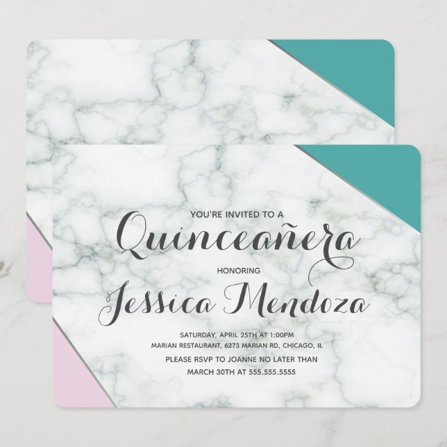 Convites Mármore Rosa Moderno Quinceañera Doce 15 (Frente/Verso)