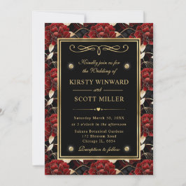 Convites Mármore Vermelho Preto e Dourado Casamento Floral