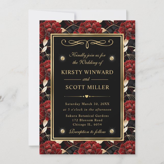 Convites Mármore Vermelho Preto e Dourado Casamento Floral (Frente)