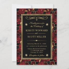 Convites Mármore Vermelho Preto e Dourado Casamento Floral