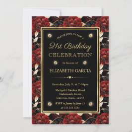 Convites Mármore Vermelho Preto e Dourado Floral 21º Aniver
