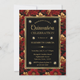 Convites Mármore Vermelho Preto e Dourado Floral Quinceaner