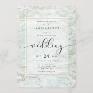Convites Mármores Modernos em Mint com Bodas de Ouro Rosa