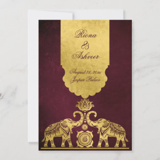 Convites Maroon and gold elephants luxury Indian wedding 