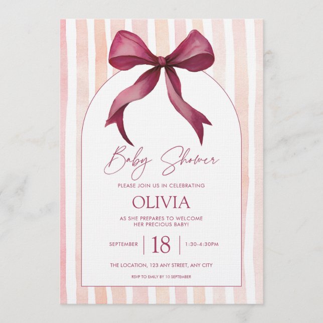 Convites Maroon and Pink Bow Watercolor Baby Shower (Frente)