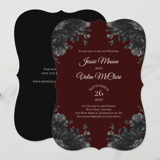 Convites Maroon Black Cinzas Rosas Gothic Elegant Weding (Frente/Verso)
