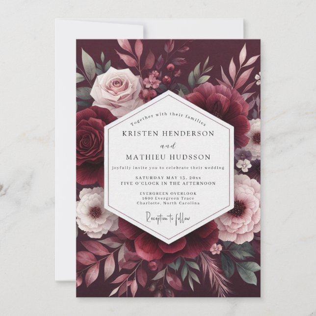 Convites Maroon Bloom Romance Wedding (Frente)