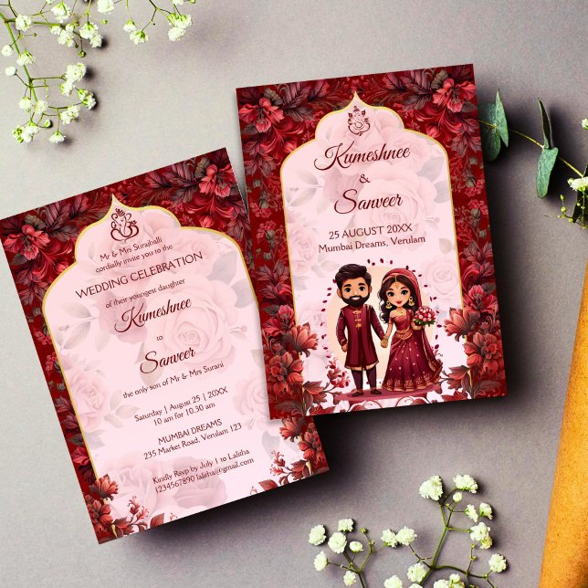 Convites Maroon, bonitinha de casal de noiva indiana (Indian wedding Maroon floral cute Indian bridal couple cartoon Invitation template instant download)