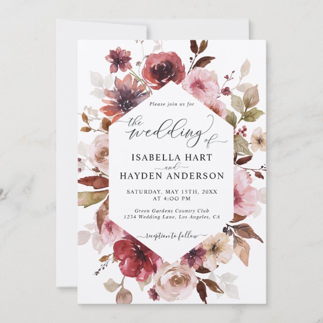 Convites Maroon Brown Blush Cor-de-Rosa Tudo Em 1 Casamento (Frente)