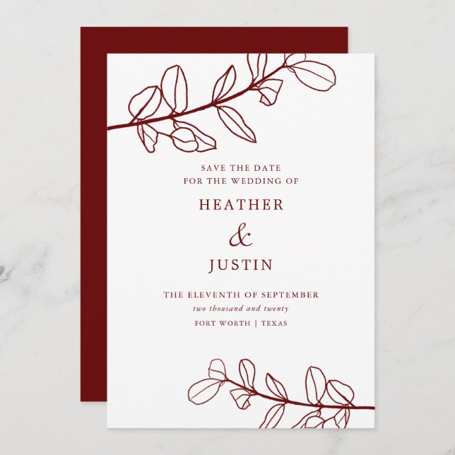 Convites Maroon Burgundy Foliage Modern Salve a Data (Frente/Verso)