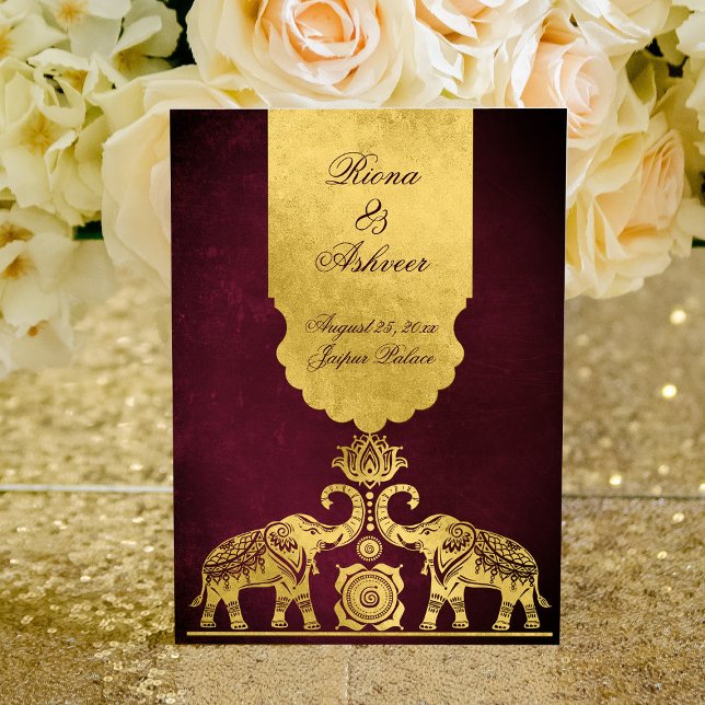 Convites Maroon e elefantes de ouro casamento indiano luxuo (Criador carregado)
