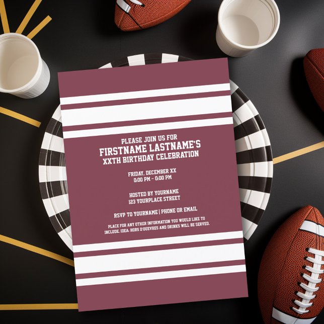 Convites Maroon e White Jersey Stripes Festa de aniversário (Birthday Party Invitation - Sports Theme - Football Party Invitation)