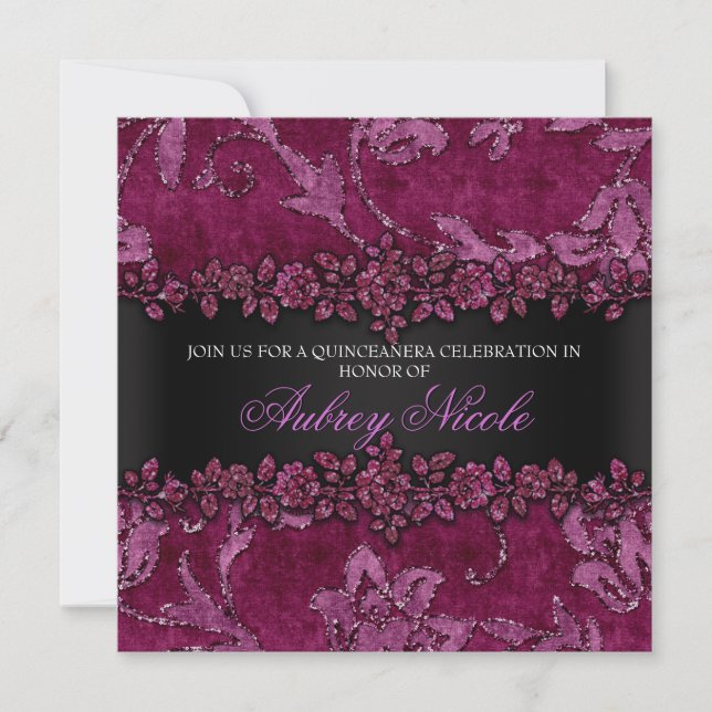 Convites Maroon Faux Glitter & Velvet Quinceanera (Frente)