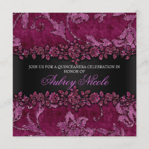 Convites Maroon Faux Glitter & Velvet Quinceanera