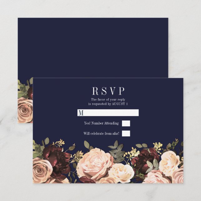 Convites Maroon Floral Greenery Marinho Azul RSVP Casamento (Frente/Verso)