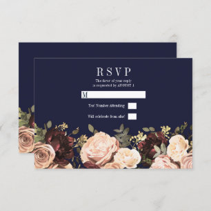 Convites Maroon Floral Greenery Marinho Azul RSVP Casamento