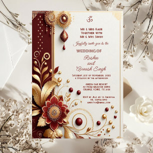 Convites Maroon Floral Motifs Indiana, Ornamentado Dourado