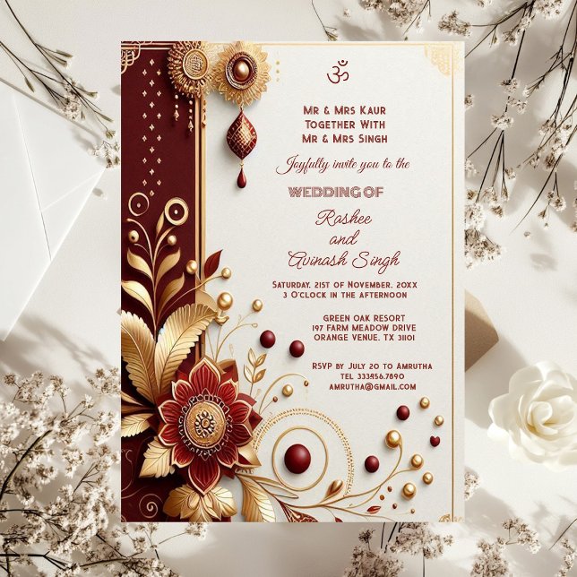 Convites Maroon Floral Motifs Indiana, Ornamentado Dourado  (Auspicious Gold Ornate Maroon Floral Motifs Indian Invitation)