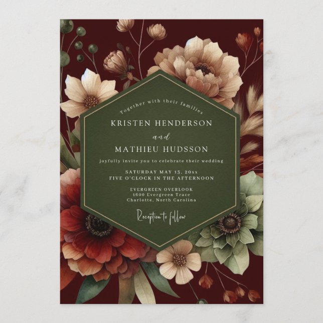 Convites Maroon Forest Bloom Wedding (Frente)