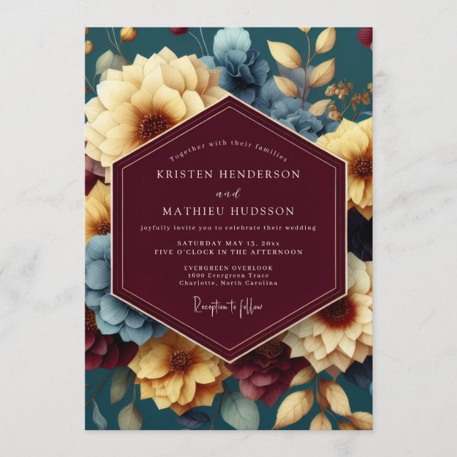 Convites Maroon & Gold Opulent Floral Wedding (Frente)